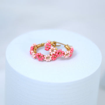 Gold Pink Color Beaded Hoop Earrings, Bridal Earrings, Wedding Guest Earrings, Statement Earrings.